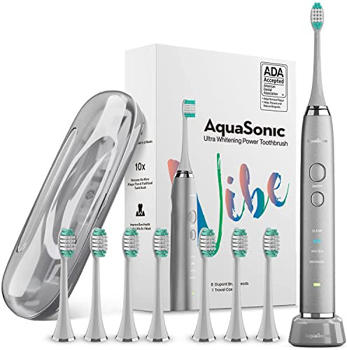 Aquasonic Vibe Series Ultra Whitening Toothbrush ADA Accepted Electric Toothbrush - 8 Brush Heads & Travel Case - Ultra Sonic Motor & Wireless Charging - 4 Modes w Smart Timer Charcoal Metallic