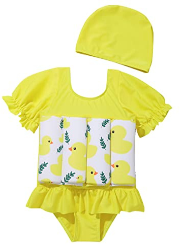 Toddler Kids Boys Girls Floatation Swimsuit with Adjustable Buoyancy Baby Float Suit with Swim Cap Floating Swimwear Bathing Suit Swim Vest with 8 Removable Buoyancy Sticks Yellow Duck 2-3 Years