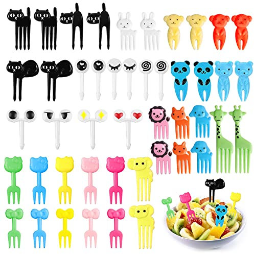 XPOOP 46Pezzi Set di Forchette Frutta Plastica, Mini Forchette Cartoni Animati, Stuzzicadenti Bento, Forchette da Cucina per Bambini Animal, Forchetta da Frutta in Plastica per Antipasti/Torte/Dessert