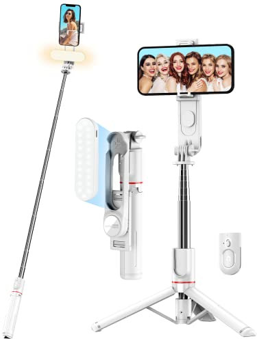 Palo Selfie con Trípode Mejorado - Luces de Relleno Larga, Selfie Stick 111CM con Control Remoto Desmontable para Viajes, Vlogging, Video, Fotos, Compatible con la Mayoría de Teléfonos iPhone, Android
