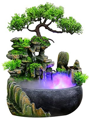 Loobiiny Desktop Bonsai Ornament Fontaine,Fontaine D'IntéRieur avec éClairage LED Et Brouillard,Interieur Cascade