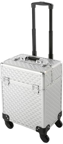 Kosmetikkoffer mit Rollen, Make Up Koffer Trolley 2 klappbare Fächer Verstellbare Zugstange und Riegel für Visagisten Friseure Nageltechniker Kosmetiker (Silber)