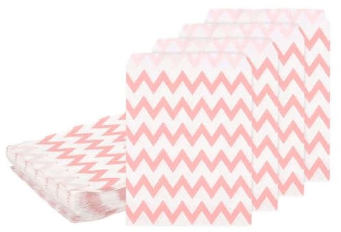 QUARKZMAN 100 Bolsas de Papel Kraft, 7 x 5 Bolsas de Caramelo Kraft a Prueba de Grasa Bolsas Planas de Regalo Pequeñas para Panadería Galletas Postre, Ola Rosa