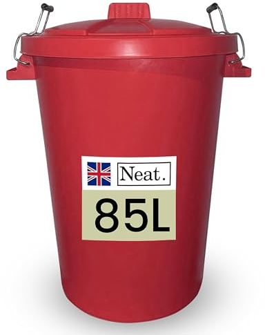 Neat. Extra Large Plastic Dustbin with Clip Locking Lid - Heavy Duty Garden Bin for Rubbish, Recycling, Animal Feed, and Storage, 85 Litre, Red, Pack of 1