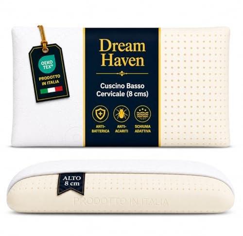 DREAM HAVEN Cuscino Basso Cervicale 8 cm in Memory Foam, Cuscino letto ideale per Bambini, Ragazzi e Adulti, Anallergico e Antiacaro con Federa in Silver, Cuscino Memory Foam 100% Made in Italy (1)