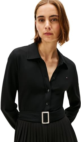 Tommy Hilfiger Donna Abito a Polo Interlock Mix Media con Cintura in Vita, Nero (Black), XL