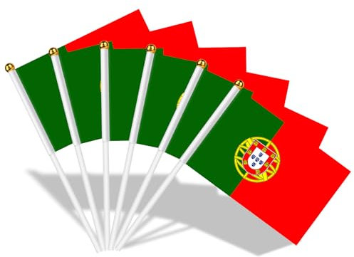 AhfuLife Bandera de Mano Portugal, 15 Piezas Bandera Portugal Pequeña con 30cm Palo para Decoraciones de la Copa Europea, Eventos Deportivos, Celebración, Desfile, Día Nacional, Fiesta