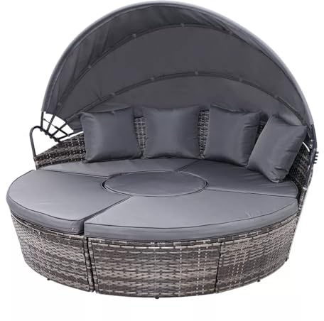 EVRE Seychelles Modular 5 Piece Outdoor Rattan Sectional Day Bed Chair Set with Retractable Canopy and Cushions Round Conversational Wicker Coffee Table (Grey)
