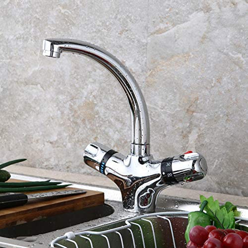 Robinet mitigeur thermostatique de cuisine – Robinet d'évier en laiton avec sécurité anti-brûlure et fonctions de lavage des légumes – Mélangeur de lavabo durable pour cuisines et éviers