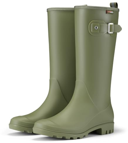 HISEA Women Rain Boots Slim Calf PVC Rubber Boot Tall Fashion Rainboots Green Waterproof Seamless Matte Surface Women's Rain Footwear Ladies Outdoor Shoes for Garden Work Walking