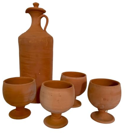 Set Brocca Berbera in Terracotta con 4 Bicchieri, Caraffa 2L 35cm, Bicchieri 250ml, Fatto a Mano