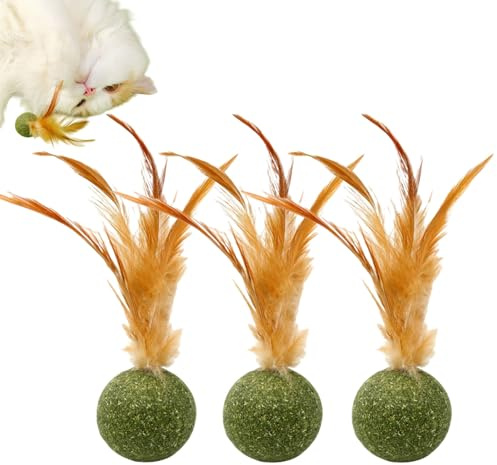Nonyimu 3PCS Cat Play Balls,Catnip Feather Ball,Interactive Catnip Balls with Feathers for Cleaning Teeth,Catnip Ball Cat Teeth Cleaning Chewing,Rotating Cat Ball Relax & Healthy Play for Kittens