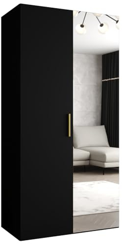 ABIKSMEBLE - Armadio per abiti - 100 x 202 x 52 cm - Armadio con appendiabiti e specchio, 2 ante - per camera da letto, corridoio - BARI, Nero, Maniglia Oro