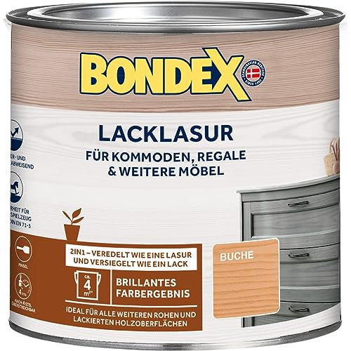 Bondex Lacklasur Buche 0,375 L für 3,75m² | 2in1 - veredelt und versiegelt | Wasser- und Schmutzabweisend | Sicherheit für Kinderspielzeug nach DIN EN 71-3 | Seidenglänzend | Holzlasur