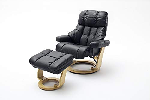 Robas Lund Relaxsessel Calgary XXL mit Hocker, bis 180 kg belastbar, Echtleder schwarz, Gestell Holz natur