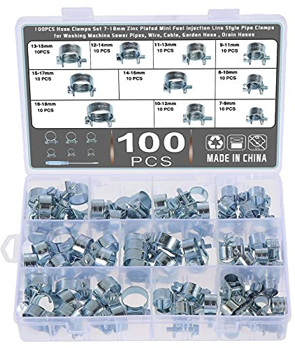 Knpwer 100St 10 Größen Kraftstoffleitung Schlauchschellen,7-18mm Wasserrohr Luftschlauch Verzinkt Silikon Vakuum Schlauchschelle Befestigung (100, 10 Sizes)