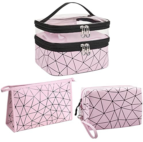 Mikytoper Makeup Bags 3 PCS, Double Layer Cosmetic Bag + 2 Make Up Bags with Diamond Pattern, Travel Toiletry Bags for Men and Women (Pink)