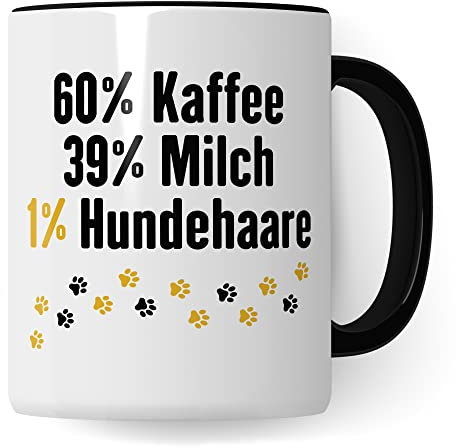 Hunde Tasse Spruch lustig, 60% Milch 39% Kaffee 1% Hundehaare Geschenk Hundehalter Geschenkidee Hundebesitzer Kaffee-Becher Herrchen Teetasse Kaffeetasse Hundeliebhaber (Weiß/Schwarz)