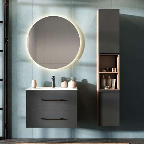 Planetmöbel Set completo di mobili da bagno Mobili da bagno, set completo di 3 pezzi da 70 cm con lavabo in ceramica e mobile alto, nei colori rovere oro/antracite