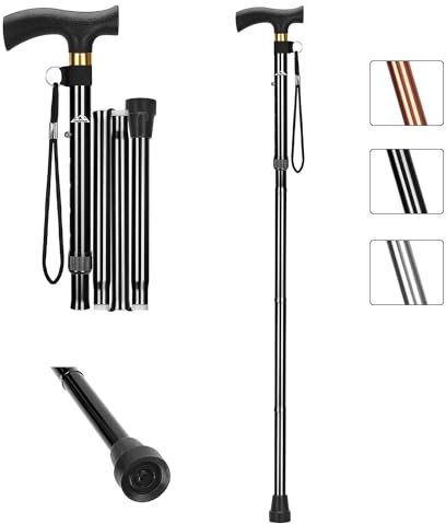 supregear Bastone Pieghevole, Bastone da Passeggio Pieghevole in Alluminio Pieghevole e Regolabile con Impugnatura a T e Cinturino da Polso Antiscivolo, Aiuto per la Mobilità Degli Anziani Disabili