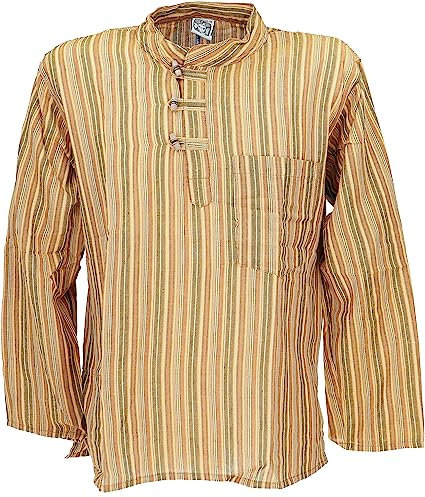 GURU SHOP Nepal Fischerhemd, Gestreiftes Goa Hippie Hemd, Yogahemd - Cider, Herren, Baumwolle, Size:L