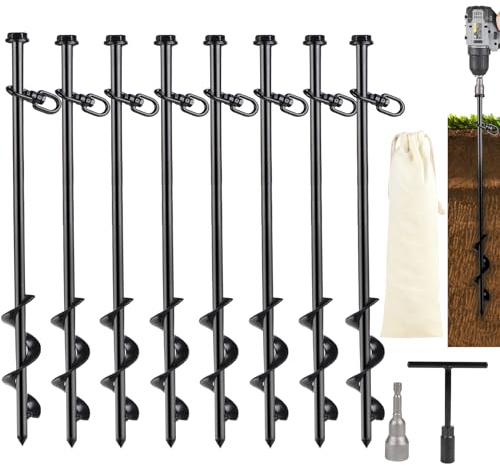 SWAWIS 8 Piezas Anclaje De Suelo Anclaje De Suelo para TrampolíN 40cm Anclaje De Suelo Atornillable De Acero con Adaptador para Taladro De Suelo, Llave, Bolsa De Almacenamiento