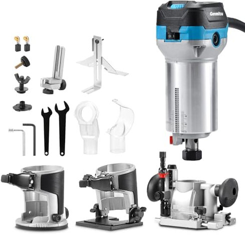 Genmitsu Kit de toupie à paume 1,25 HP, outil à bois compact avec base fixe/base plongeante et base inclinable, 6 vitesses variables 10 000-30 000 R/MIN