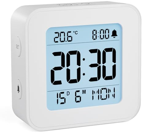 LATEC Alarm Clock Bedside Battery Powered LCD Digital with Date & Day, Snooze, Temperature, 12/24H, Backlight, 3 Volumes, Silent Travel Small for Heavy Sleepers Included Battery White