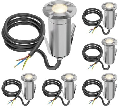 ledscom.de 6 Stück LED Bodeneinbauleuchte GLOX für außen, IP67, aluminium, rund, 35mm Ø, warmweiß, matt