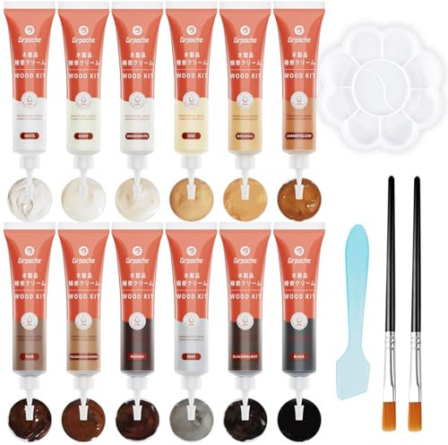 Grpoche Möbel Reparatur Set, Laminat Reparaturset, 12 Stücke Holzmöbel Reparaturcreme Möbel Kratzloch Restaurierung mit Schaber, Bürsten, Farbpalette für Holztüren, Tische, Schränken