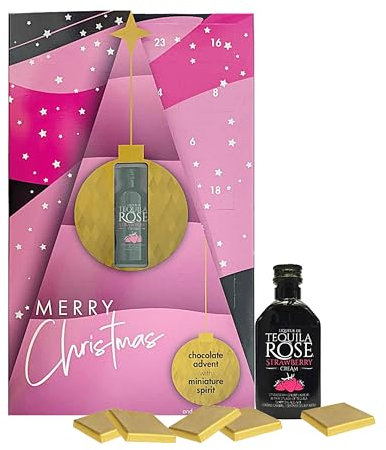 Tequila Rose Advent Calendar 2024 - Strawberry Cream Liqueur 5cl Miniature Alcohol Bottles with 24 Days Christmas Countdown Chocolate Squares with Topline Card. Great Christmas Gifts for Women