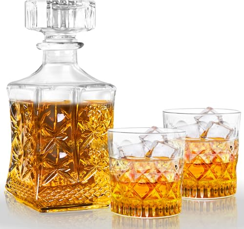 LAWADACH Whiskey Decanter for Men, Glass Liquor Decanter Set with 2 Whiskey Glasses, Decanter for Tequila,Bourbon, Scotch, Brandy and Vodka, Gift for Men, Ideal Home Bar Decor - 28oz
