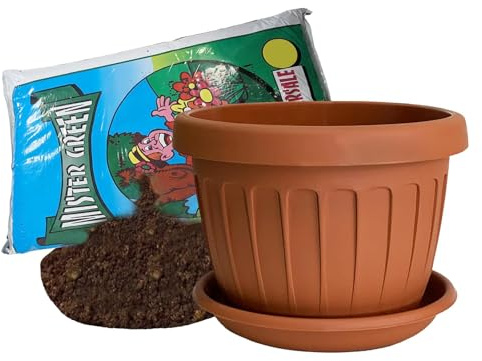 Sicignano | Vaso Terra Tondo 35 cm per Fiori Piante con Sottovaso 16 Litri, Plastica Color Terracotta, con Terriccio 20 Litri, con Fori di Drenaggio, Resistente agli UV, Made in Italy