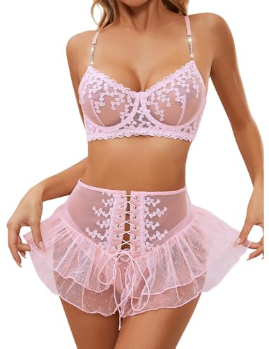 Satohom Femmes Ensemble Lingerie Sexy Dentelle Nuisette Transparent sous-Vêtements Babydoll Teddy Soutien-Gorge Push Up à Armatures et Mini Jupe String 3 Pièces Maille Coquine Hot Col V Nuit