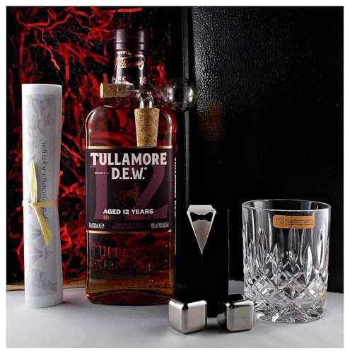 Tullamore Dew 12 Jahre irischer Whiskey + Glaskugelportionierer + Whiskeyglas + 2 Whisky Kühlsteine im Geschenk Karton Männergeschenke Geschenkset Genießerset