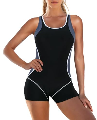 JiaYouLC Costumi da bagno da donna con pantaloncini, senza schienale, sportivi, a un pezzo, costumi da bagno conservatori con coppe rimovibili in schiuma, Nero-C, 42-44