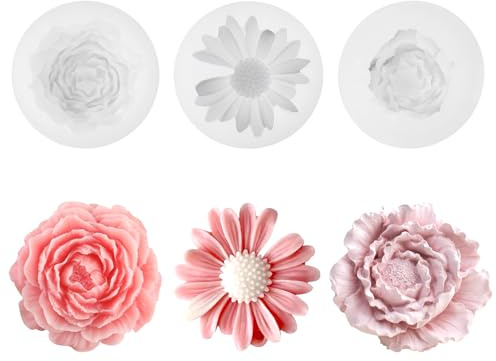 3 st silikonljusformar, tusensköna, blomma, pion, kamelia, 3D, doftljus, silikonformar, handgjord tvål för gör-det-själv-ljustillverkning
