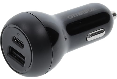 OtterBox Billaddare med dubbla USB-C-portar, 32 W, Svart | USB-C 20W + USB-A 12W, snabbladdare för Smartphone och surfplatta, tålig
