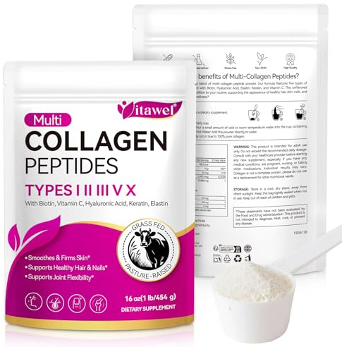 Multi Collagen Peptides Powder | 5 Types I II III V X with Biotin, Vitamin C, Hyaluronic Acid, Keratin & Elastin | Unflavoured Grass-Fed Collagen Peptide Powder | Collagen Supplements Support for Hair