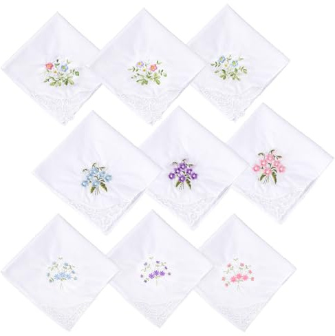 ZEMINRI 9 Pezzi Fazzoletti Stoffa Donna, Fazzoletti Cotone Donna Uomo, Ricamati con Floreale Vintage, Stoffa Delicati sulla Pelle, per Matrimoni, Feste e Lauree (Bianco)