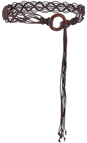 craspire boho-bälte med flätat mönster, blommigt mörkbrunt av bomull med pärltofsar västerländsk stil, handgjord med träpärlor, dekorerad renässanskedja, knuten, perfekt för damer, sommarklänningar