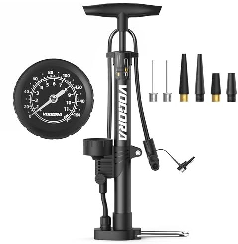 VOGORA Bike Pump with Pressure Gauge, Bicycle Pump with Presta & Schrader Valves Bike Pump for all Bikes, Foot Pump for Car Tyres, Road Mountain Bikes & Balls