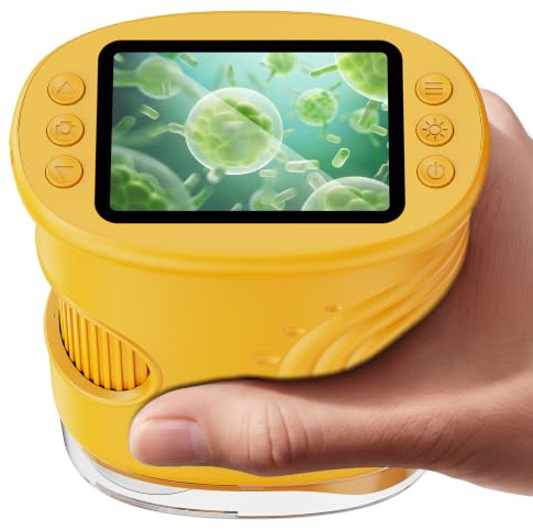 ASPOVEN Microscopio para Niños 1000X, Función Foto y Video (Amarillo) | Digital Portátil Microscopio con Pantalla IPS de 2 Pulgadas, 8 LED Ajustables, Regalos de Cumpleaños para Niños y Niñas