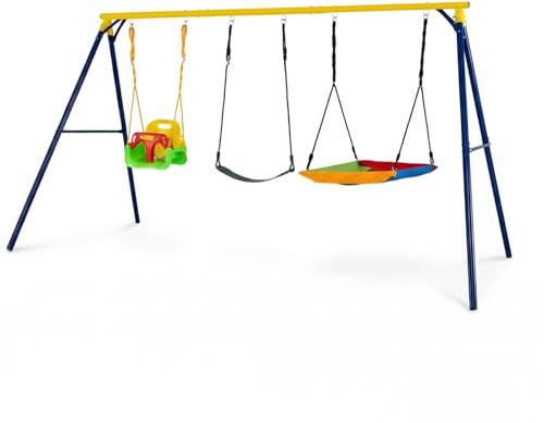 COSTWAY Portique Balançoire Extérieur en Métal avec Nid d'Oiseau et Siège Bébé, Balançoire Enfant Extérieur avec Cordes Réglables & Cadre en Forme A, Charge 150kg pour Enfant de 8-10 Ans
