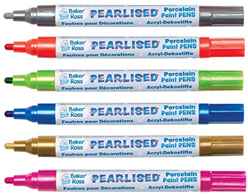 Baker Ross AT483 Pearlized Porcelain Paint Pens - Pack of 6, Broad Tipped, Oil Based Acrylic Markers for Kids Arts and Crafts Porcelain and Ceramic Painting Activities, Gold