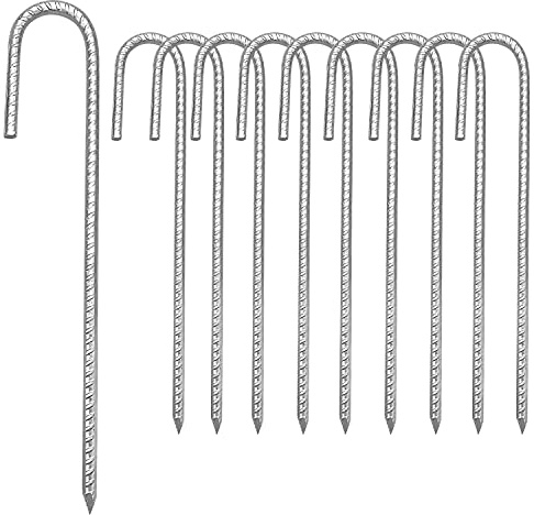 10x Piquet Ancrage Sol en Acier Galvanisé (30cm, 8mm) Sardine Fixation Lourde Forme J (Crochet Nervuré), Piquet Fixation pour Trampoline, Serre, Tente Camping, Bâche& Clôture, Auvent & Abri de Jardin