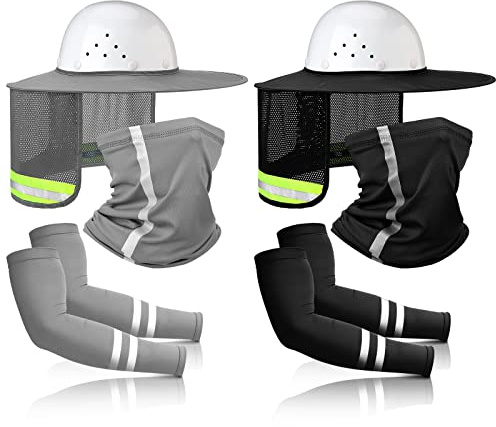 SATINIOR 8 Pcs Sun Hard Hat Neck Protection Helmet Visor Full Brim Mesh Sun Protection Neck Gaiter Face Scarf with UV Strap Arm Sleeves for Construction Hard Hat Accessories(Black,Gray)