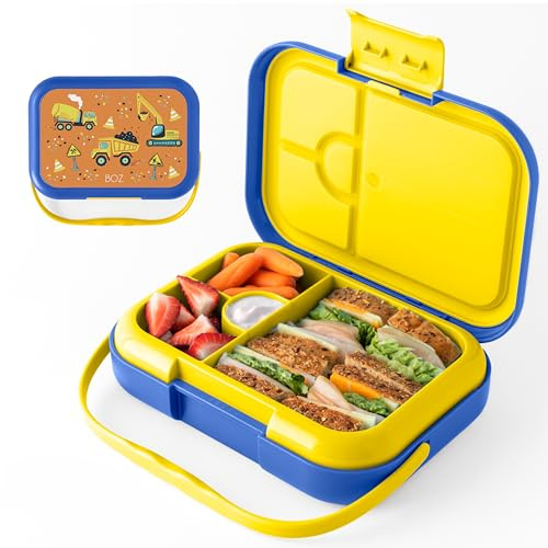 BOZ Construction Bento Box Kids - 4 Compartment Leak-Proof Lunch Box for Ages 3-7, Dishwasher Safe