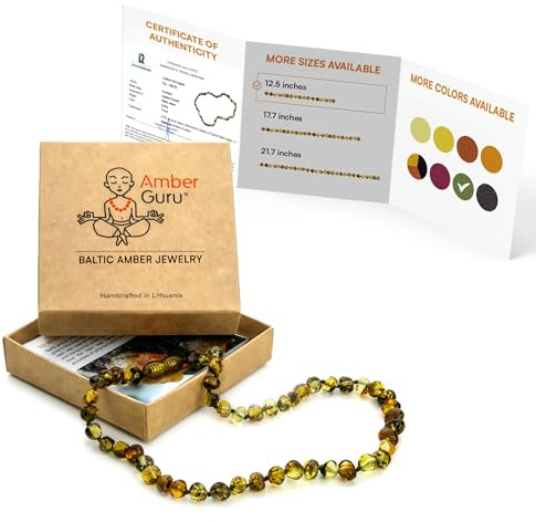 Amber Guru Baltic Amber Necklace (Authentic, Certified) - 12.5 inches - Unisex Jewelry - Polished Real Amber Beads - Proud to Deliver Genuine Baltic Sea Wonder Handmade (Green)