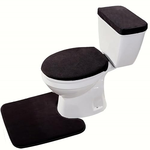 Madeals Velvet Toilet Lid Cover and Tank Lid Cover with Memory Foam Toilet Mat 3 Piece Toilet Contour Mat Set Black